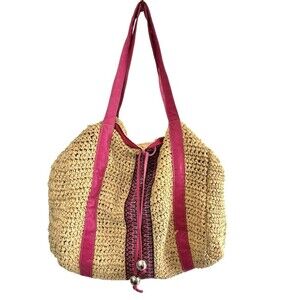 New York & Company Large Roomy Boho Straw Beach Bag Tote Fuchsia Vegan Trim
